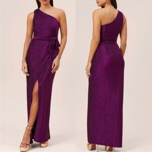 NWT Aidan Mattox One-Shoulder Metallic Purple Dress